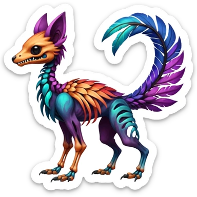 Rare colorful gradients colored realistic dark edgy glossy shiny tropical tribal patterned feathery skeletal badass epic pretty beautiful handsome gorgeous aesthetic colorful vibrant Vernid-Trico-species-Fakemon-creature by LiLaiRa, 4 legs, 1 tail, random markings, (full body) sticker