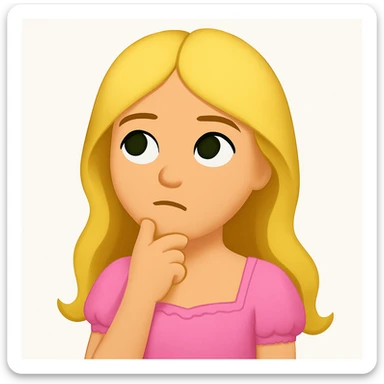 Edit the image to depict a long-haired blonde with swamp eyes wearing a pink pastel dress, in the style of iOS emoji. Match all features from the reference image but change the emotion to thoughtful. sticker