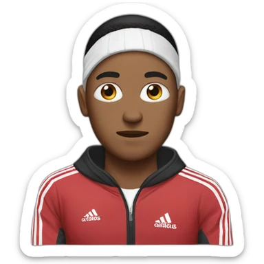 guy in an adidas tracksuit with a bandage on his ear and a black eye sticker