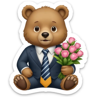 A bear sitting down wear a tie and holding a 💐 sticker
