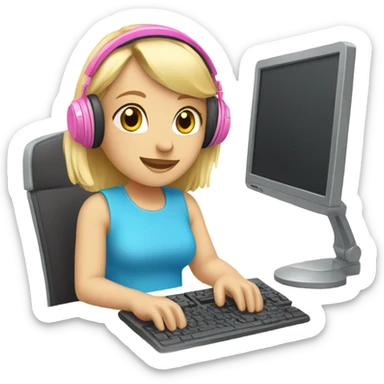 blonde hair blue eyed girl pink headphones and computer sticker