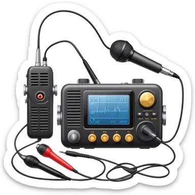 A photorealistic icon featuring a ham radio transceiver, headphones, microphone, antenna, and radio equipment like soldering tools and cables. The design includes detailed textures and realistic lighting, symbolizing the passion for amateur radio and communication. Transparent background. sticker