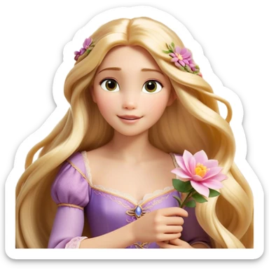 Cinematic Realistic Rapunzel Portrait, with porcelain-like skin featuring a subtle, natural glow, illuminated by soft lighting that brings out the gentle contours of her face. Her long, golden blonde hair cascades in detailed waves, each strand highlighted with a radiant shimmer as it catches the light. She playfully holds a flower in one hand, her other hand resting casually in her lap, with a warm and spirited expression. Her bright, expressive green eyes exude curiosity and warmth, framed by delicate lashes and soft, arched brows. She is dressed in her classic lavender and pink gown, the fabric textured with delicate folds that flow naturally, catching the light with a soft, radiant glow. The portrait captures a luminous, enchanting aura, seamlessly blending realism with a whimsical, fairytale charm, evoking a timeless sense of beauty and magic. sticker