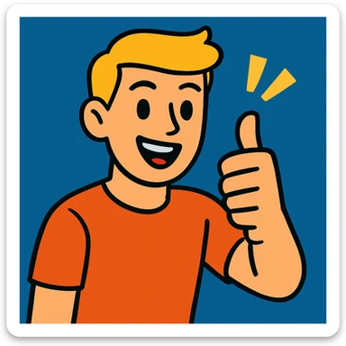 Add a blue background behind a young blond man with short hair, giving encouragement, maintaining the vibrant toon style of the image. sticker
