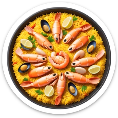 Cinematic Realistic Paella Dish Emoji, depicted as a vibrant, aromatic rice dish loaded with seafood, chicken, and saffron rendered with rich textures and dynamic, warm lighting. sticker