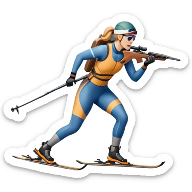 An icon featuring a biathlete skiing along a winding trail with a rifle on their back, surrounded by a beautiful snowy landscape with mountains and pine trees. A target range appears in the distance. Transparent background highlights the blend of endurance, precision, and winter beauty. sticker