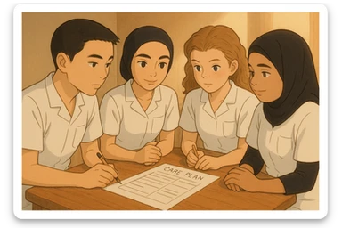 Same Ghibli style scene with the four nursing students discussing around a care plan. They wear short-sleeved white uniforms with V-neck, left chest pocket, no stand-up collar, no stethoscopes, and nothing protrudes from the sleeves. sticker
