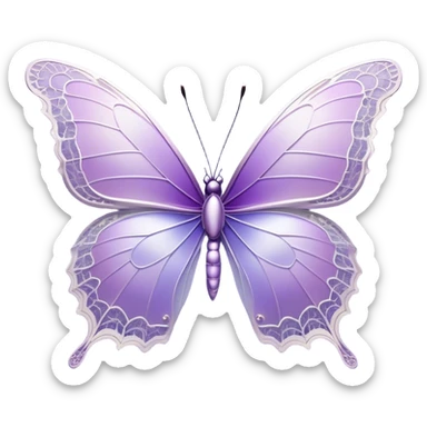  A beautiful, aesthetically pleasing butterfly with lilac and ice-purple wings, with an intricate lace-like pattern around the edges and subtle iridescent accents that shimmer in the light. The wings should have a gradient effect, going from a delicate lilac at the base to a deep ice-purple at the tips. The body of the butterfly should be slender and elegant, with delicate silver details to enhance its ethereal appearance. sticker