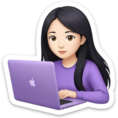 Long hair asian woman working on lavender laptop with brown eyes sticker