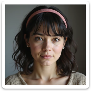 hyperrealistic 4K image of a woman with PCOS wearing a wig or headband, very visible hair part and alopecia areas on the sides, detailed sticker