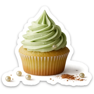 Change the icing to pistachio (light green), keep the realistic cupcake and accessories, photorealistic style, transparent background. Maintain the photorealistic look and details of the cupcake and accessories with a light green pistachio icing. Remove the background to make it transparent. sticker