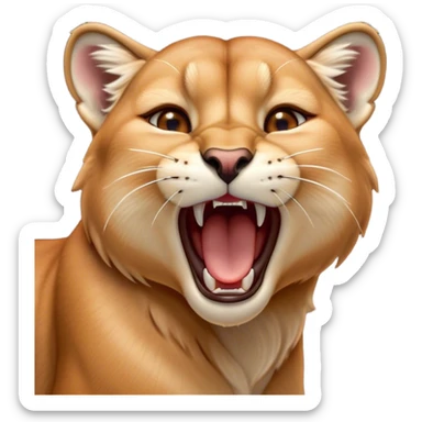 Cinematic Cute Yawning Cougar Portrait Emoji, Head tilted slightly with a dramatic, wide-open yawn, showcasing a soft, sleek tawny Fur with gently drooping ears, round amber eyes barely open in drowsy contentment, Simplified yet irresistibly adorable features, highly detailed, glowing with a soft, cozy glow, high shine, relaxed yet expressive, stylized with a touch of wild whimsy, bright and endearing, soft glowing outline, capturing the essence of a sleepy yet affectionate cougar, so drowsy it feels like it could stretch out of the screen and curl up for a nap! sticker