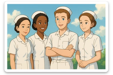 Four nursing students inspired by the faces of four photos, wearing complete white short-sleeve uniforms (visible arms), no stethoscope, each in a different posture but close, no physical contact, benevolent atmosphere, Ghibli style, bright background. sticker
