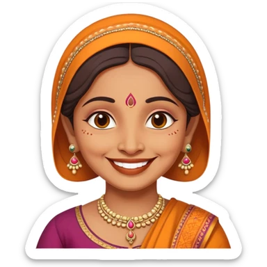 A cheerful Indian aunt (mausi) character with a plump face, smiling, wearing traditional Indian clothing and a bindi sticker