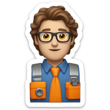 a guy with brown hair, square glasses, an orange repairman's suit, blue eyes, with a chainsaw sticker