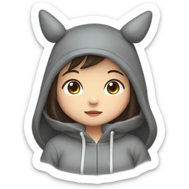 Fille Brune avec un sweat-capuche Totoro gris foncé avec les rond clair de Totoro sur ventre  sticker