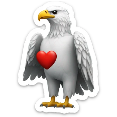 white headless eagle figure on grey background and heart sticker