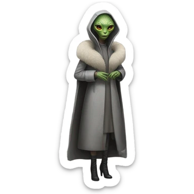 a Reptilian alien woman, in gray dress, in fur coat, full body sticker