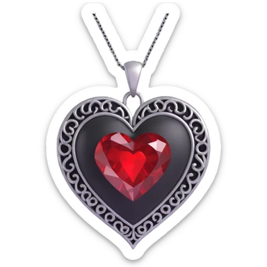 3D emoji gothic heart, black velvet texture, silver chain, blood red gemstone, ornate and dramatic sticker