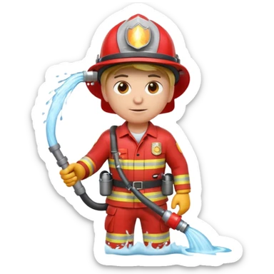 A 3D Apple-style emoji character dressed as a firefighter in a bright red uniform and helmet, holding a fire hose spraying water forward, determined expression with cartoonish eyes, water splashing effect, clean minimal background sticker
