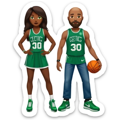 48-year-old dark skin black woman with brown eyes, long dark brown hair dressed in sexy 
celtics jersey dress outfit, wearing stilettos. A White bald man with orange beard facial hair. He has blue eyes, is wearing a Jason Tatum Boston Celtics Jersey, jeans & green Nike sneakers  sticker