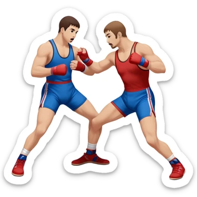 Two Sambo fighters in blue and red gis with shorts and wrestling shoes, executing gripping and throwing techniques. The fighters are engaged in a dynamic, action-packed moment with no strikes. The background features a wrestling mat, focusing on the technique and control. Transparent background  sticker