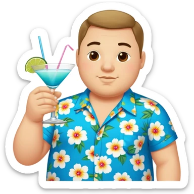 chubby guy full figure in a flowered azure havai shirt holding a cocktail sticker