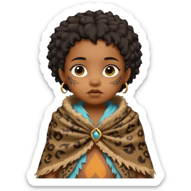 ancient hairy black baby tatooed girl, tattered animal skin shawl sticker