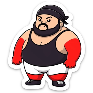 White skin fat guy with black durag, black beard, and black eyes in a red and black wrestling singlet sticker