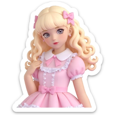 pale girl , who has curly medium length blonde and baby pink swirled hair with bangs , grey eyes , and doll like makeup , in a light pink lolita hime gyaru dress  sticker