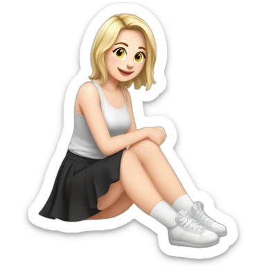 front view full body curvy caucasian beauty sitting straight hands up black skirt white knickers long white socks sticker