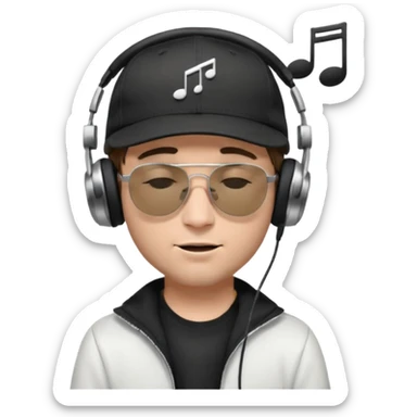 dj man white with baseball cap - rayban Sun Glasses 80s - brown hair - closed eyes with headphones on with musical note over head (listening to music ) - eyes closed no glasses - black hat  musical notes floating around head -  sticker