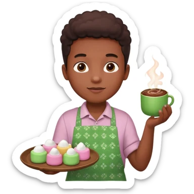 A young black vendor boy with pink cheeks, holding a tray of marshmallow-topped cocoa wearign green patterned apron sticker