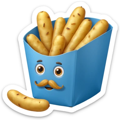 long slim fried potatoes in a blue carton, carton has eyes and mustache sticker