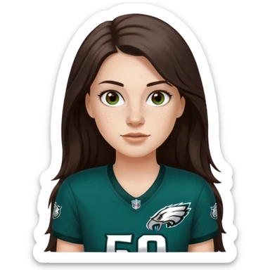 White girl with long darkish brown hair and freckles wearring a Philadelphia eagles jersey sticker