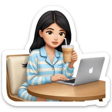 Kylie Jenner sitting learning on macbook in her luxury summer home, she wears Skims pajama and she's drinking 1 iced latte sticker