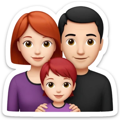 a family of three, all three white: the mother with short red hair, the father with black hair, and the daughter with black hair girl sticker