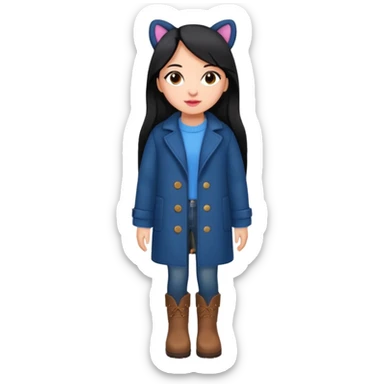 Gordita, ojos pequeños de color cafe oscuro, labios pequeños y rosados, piel trigueña, orejas pequeñas, cabello largo lazio y negro, pequeña. cuerpo completo. vestida con saco de lana jean color azul y botas color café. No le pongas orejas sticker