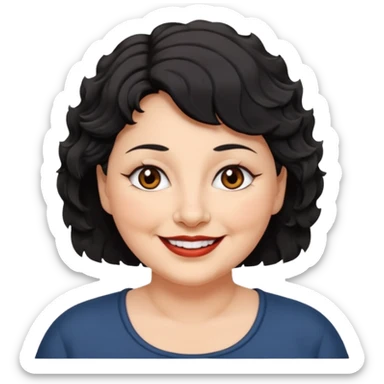 woman 60, brown eyes, very short black wavy wolf cut hair, chubby smile no lipstick sticker