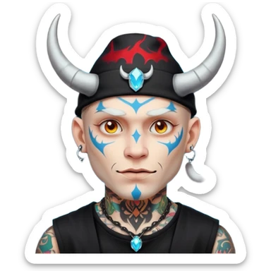 white skin Rock-style man — piercings, glowing tattoos on face, black hat with horns sticker