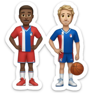 Two friends, a really tall one with short hair wearing a french blue jersey, and a shorter friend wearing a red moroccan jersey who got straight medium long hair sticker