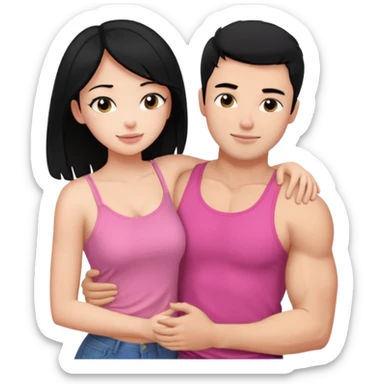 a pretty bratz fair girl. black hair, wearing a pink cami top hugging a handsome fair guy with black hair. lean but muscular who is wearing a black tee sticker