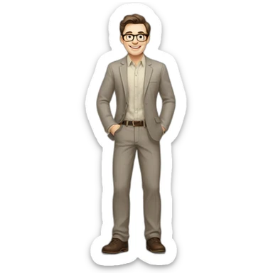 Joyful Full height Pale skinned Fit Man With dark brown hair in gray jacket, beige office shirt, Brown pants and vintage glasses. His thrumbs up sticker