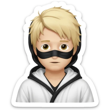 Create a blond boy with long, messy hair, light eyes, a white t-shirt, rich, with long hair, blue eyes, medium-length, voluminous hair, wearing a black Nike bathrobe and a little blush near his nose. and with a balaclava, type bandit balaclava covering the whole face[ sticker