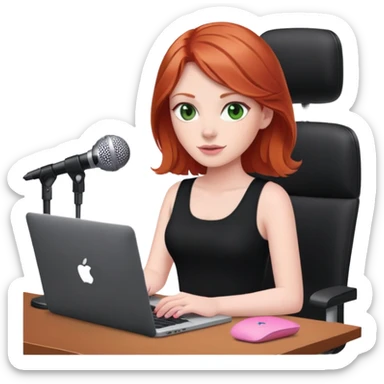 Redhead with green eyes sat at desk with pink MacBook and  podcast microphone black top and pink chair  sticker