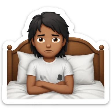 generate a pretty bratz brown skinned boy with black messy long hair wearing a white tshirt sitting in his in bed. Looking sleepy sticker