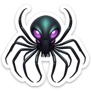 Clash of Clans aesthetic: Cinematic fierce arachnid Alien Emoji, rendered in a 3D vector-style similar to standard emojis with minimal shading and bold, simplified shapes. A compact, isometric, otherworldly creature with insectoid, organic details and subtle, eerie tentacles, softly glowing with a sinister alien charm. Simplified yet unmistakably iconic, highly detailed and consistent, glowing with a soft, spectral radiance and high shine. Stylized with a touch of bio-engineered mischief and a soft glowing outline, capturing the essence of a fearsome extraterrestrial menace with a playful twist! sticker