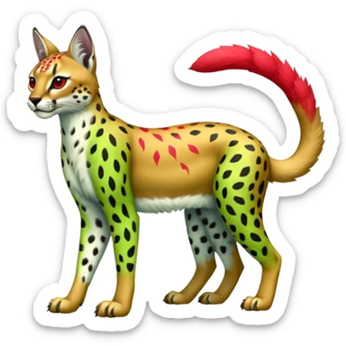 Colorful tropical exotic fruity kiwi-green lemony rosy neon-red Caracal-Cheetah-Serval-Snow-Leopard-Trico-Sergal-Vernid-fusion-hybrid-animal-creature, full body, with tribal markings sticker