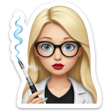 girl with blue eyes, blonde ling hair, black squared glasses, big lips, long eyelashes, and an electronic cigarette in her right hand sticker