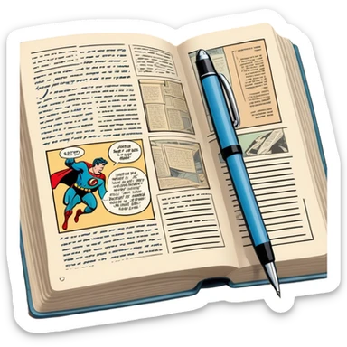 Create a detailed emoji representing the process of writing texts for comic books. The design should feature a large, open comic book with vintage comic strips visible on its pages. A pen should be shown writing text on one of the comic panels, but without a hand. The pencil should appear as though it is actively creating the dialogue or narration. Use a classic color palette with muted tones for the comic book and brighter accents on the pencil to draw attention to the writing process. Do not include any emojis or smiley faces. Make the background transparent. sticker
